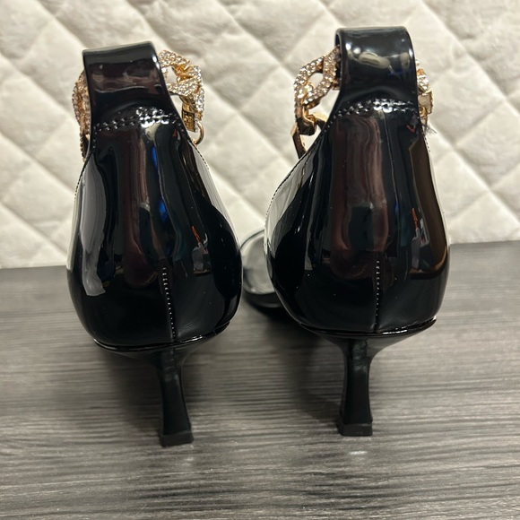 Guess Kitten Heel Black Gold Rhinestone Ankle Strap Open Toe Stiletto sz 10 - Picture 2 of 5